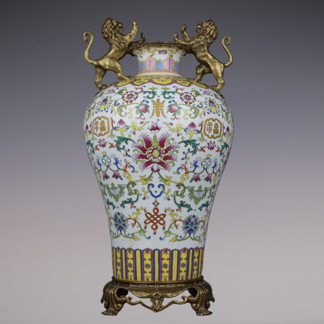 A Huge Famille-Rose Inlaid Bronze Lotus Pattern Lion-Ears Vase: A Huge Famille-Rose Inlaid Bronze Lotus Pattern Lion-Ears Vase,Qing Dynasty,China,Kangxi Six-character
