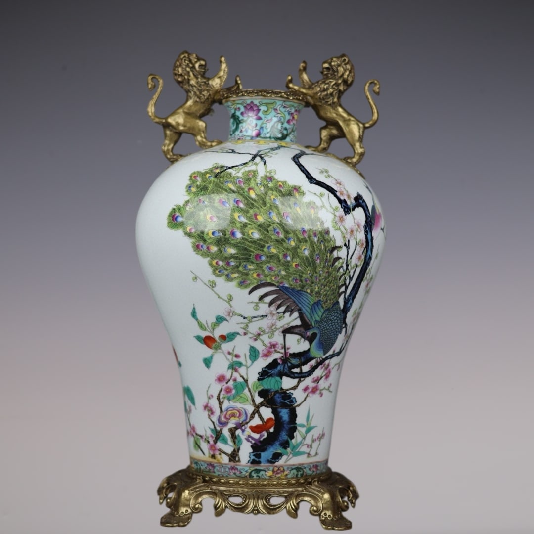 A Huge Famille-Rose Inlaid Bronze Peacock Pattern Lion-Ears Vase,With Poem: A Huge Famille-Rose Inlaid Bronze Peacock Pattern Lion-Ears Vase,With Poem,Qing Dynasty,China,Qianlong Four-character