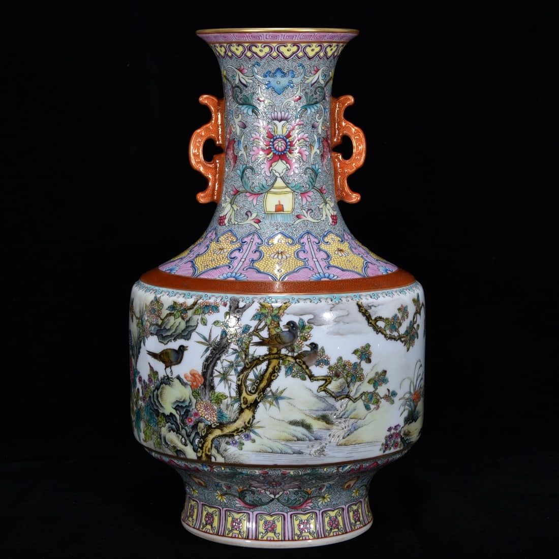 A Rare Famille-Rose Painted Gold Flower and Bird Pattern Double-Ears Vase,With Poem: A Rare Famille-Rose Painted Gold Flower and Bird Pattern Double-Ears Vase,With Poem,Qing Dynasty, China,Qianlong Six-character Mark,Size:12inx7.1in粉彩描金花鸟ń