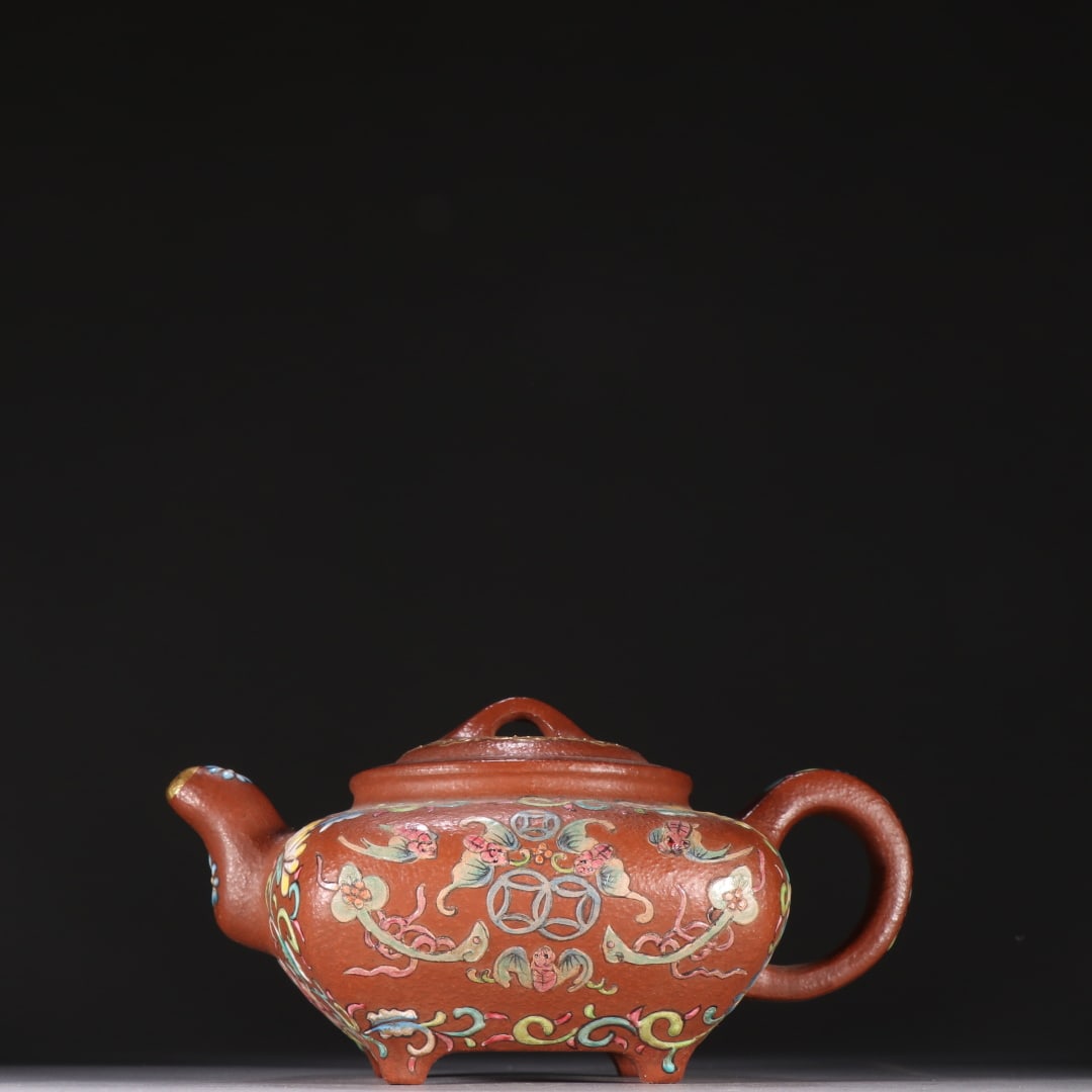 An Exquisite Purple Sands Painted Enamel Lotus and Bats Pattern Four Legs Teapot,With Poem: An Exquisite Purple Sands Painted Enamel Lotus and Bats Pattern Four Legs Teapot,With Poem,Qing Dynasty,China,With Mark,Size:3.5inx6.6in紫砂画珐琅缠枝莲