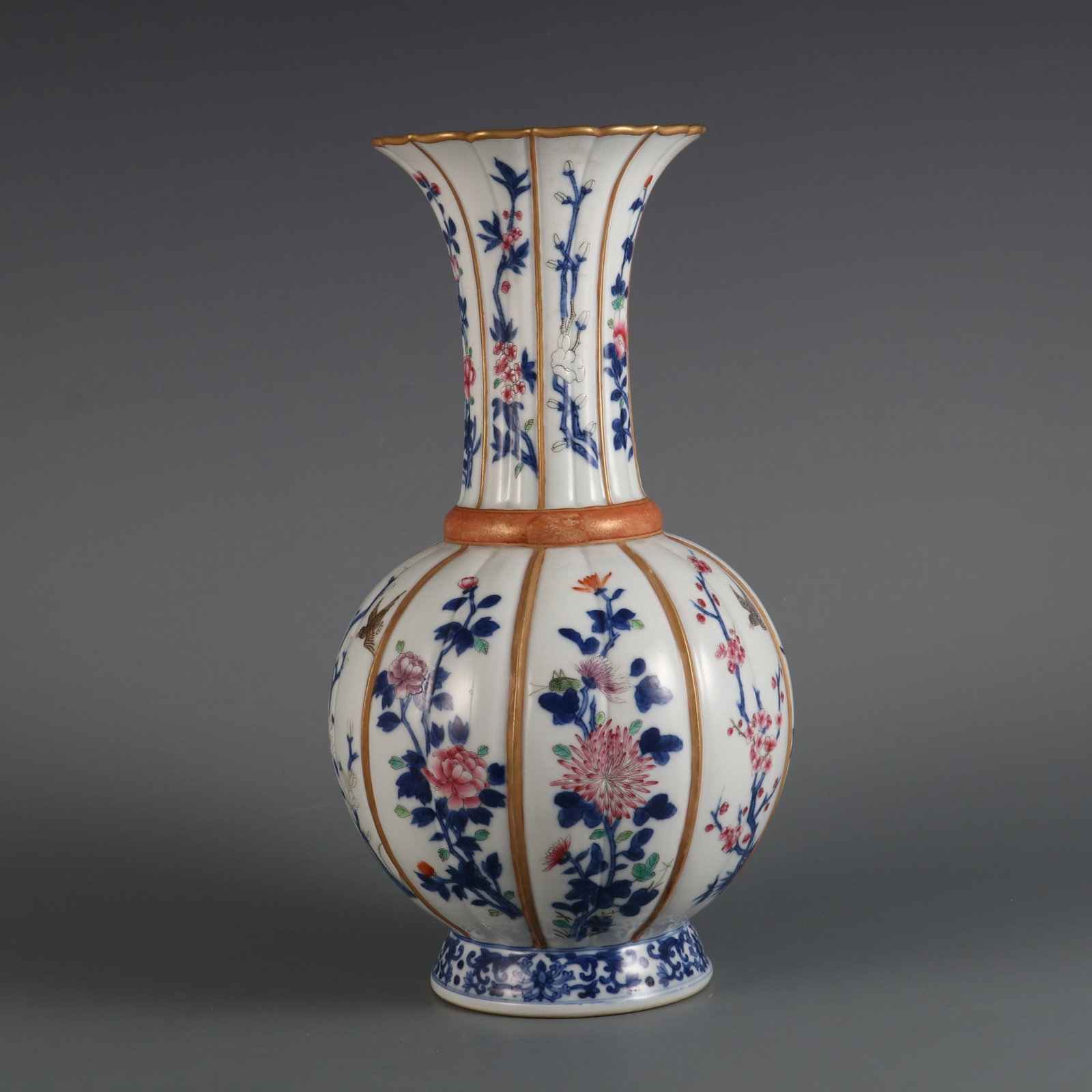A Rare Blue and White Famille-Rose Painted Gold Flower and Bird Pattern Vase: A Rare Blue and White Famille-Rose Painted Gold Flower and Bird Pattern Vase,Qing Dynasty, China,Qianlong Six-character