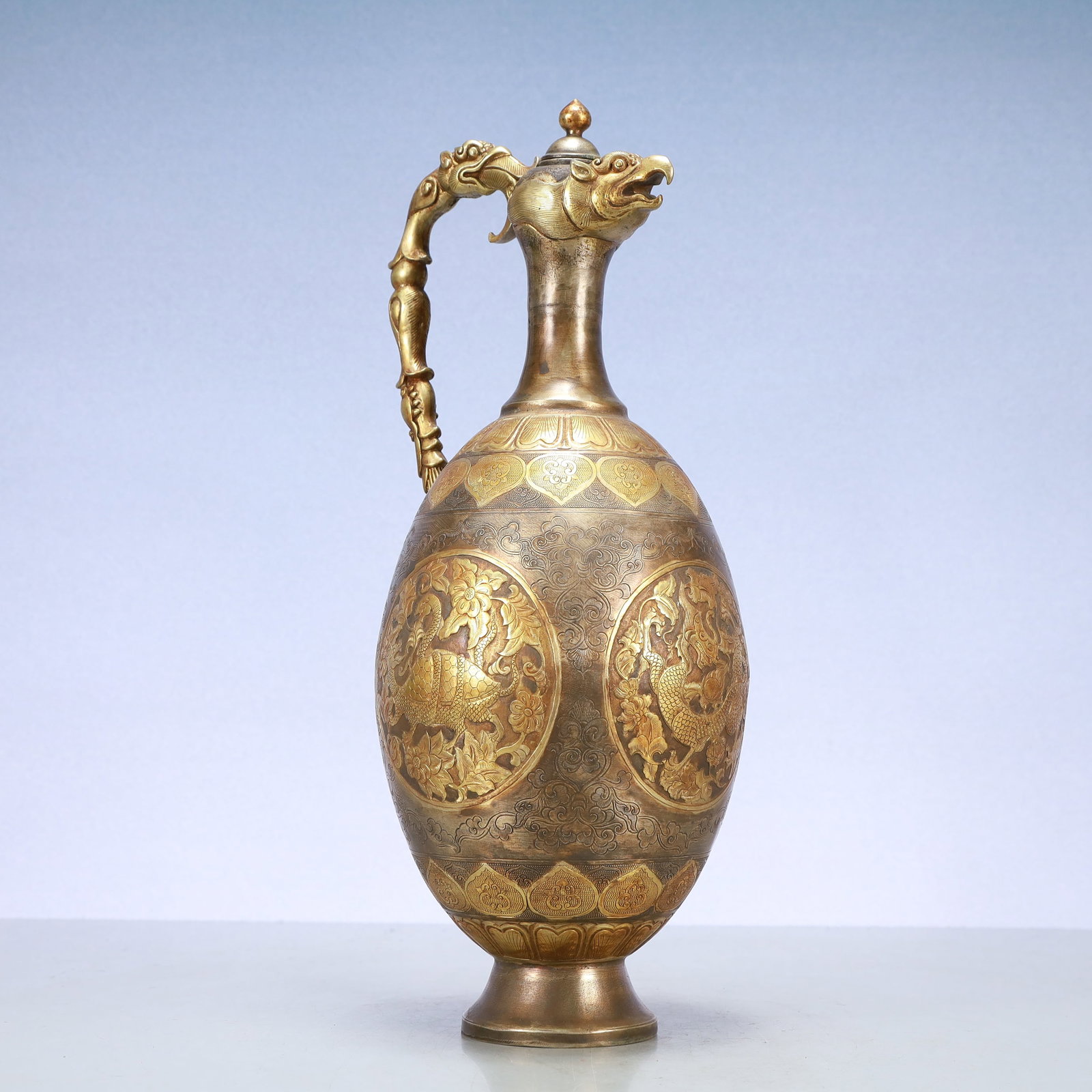 A Exquisite Gilt Silver Flower Pattern Auspicious Beast Pattern Ewer - 4