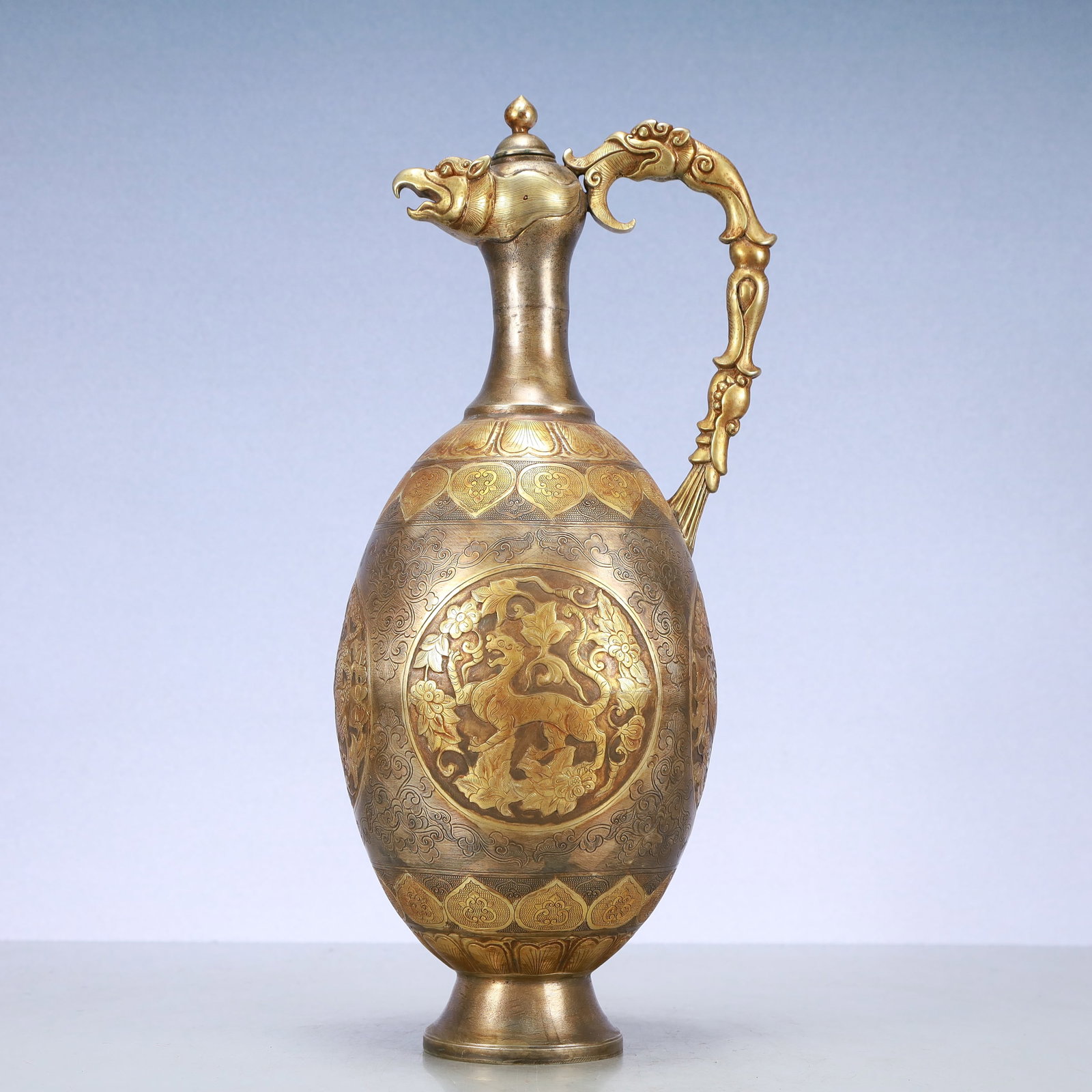 A Exquisite Gilt Silver Flower Pattern Auspicious Beast Pattern Ewer - 8