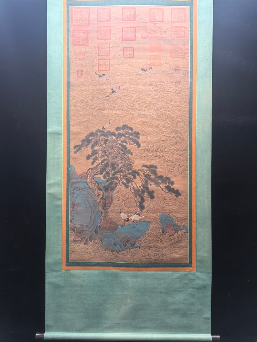 A Chinese Vertical Scroll Ink Painting of Pine and Crane on Silk,Mu Xi: A Chinese Vertical Scroll Ink Painting of Pine and Crane on Silk,Mu Xi,Size:(Without frame)27inx57.9in一幅中国水墨绢本松鹤图立&#