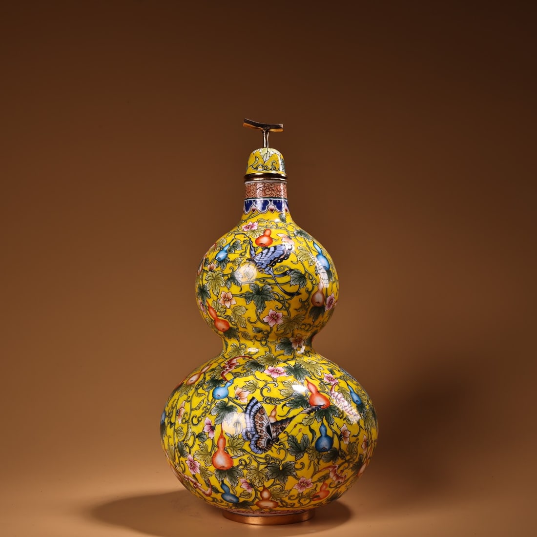 An Exquisite Bronze Enamel Yellow Ground Gourd Butterfly Pattern Gourd Vase: An Exquisite Bronze Enamel Yellow Ground Gourd Butterfly Pattern Gourd Vase,Qing Dynasty,China,Qianlong Four-character
