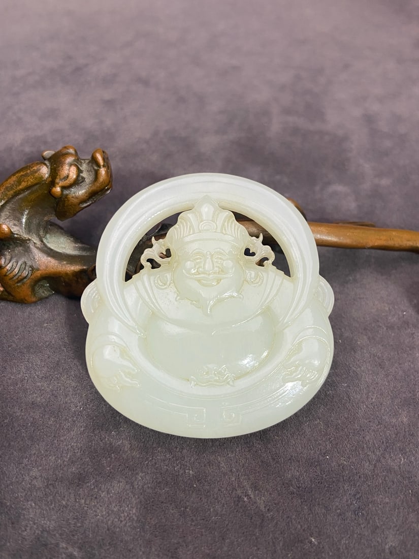 An Exquisite White Jade Statue of Mammon Pendant: An Exquisite White Jade Statue of Mammon Pendant,Qing