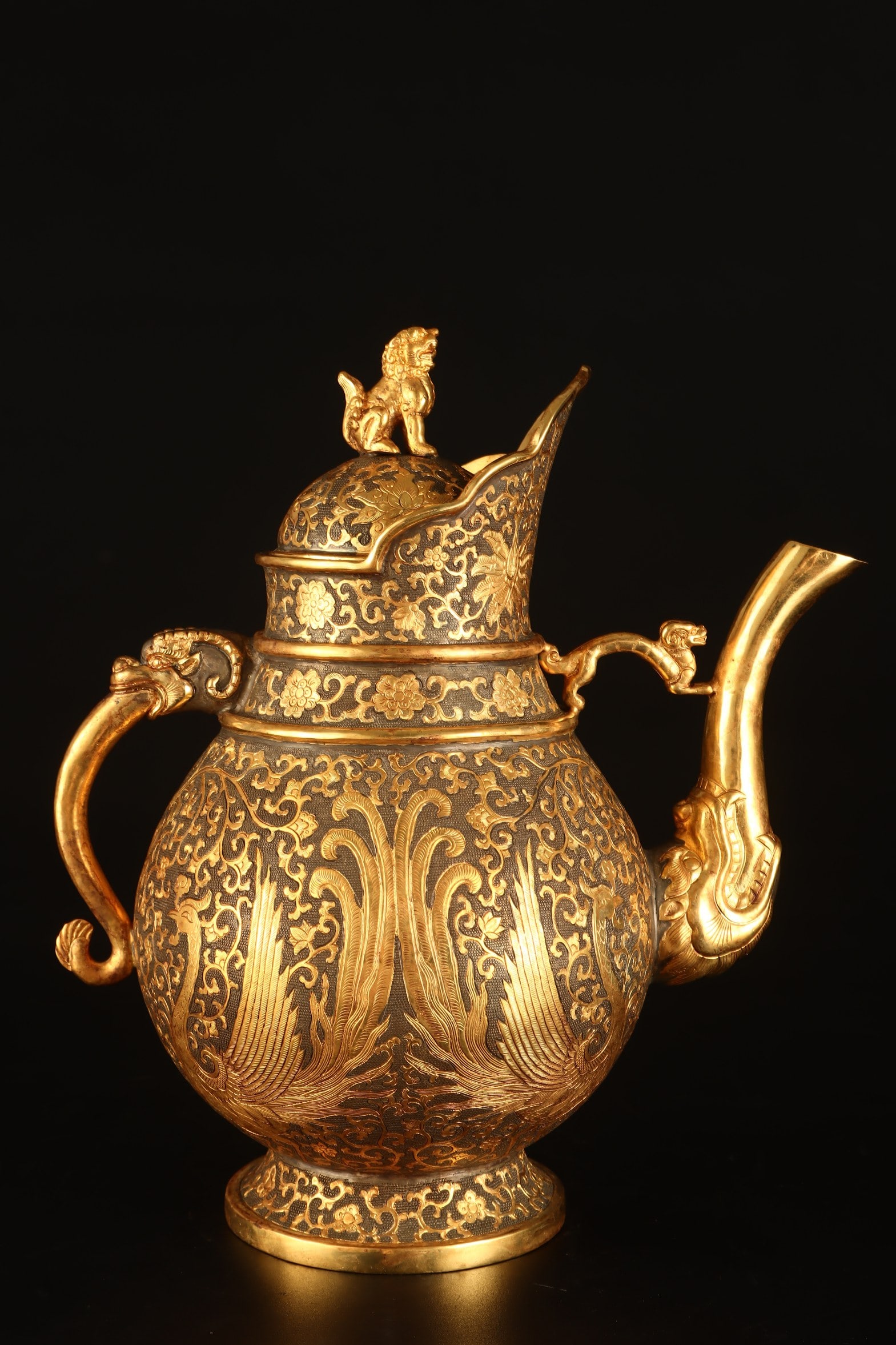 An Exquisite Gilt Bronze Lotus and Phoenix Pattern Flagon: An Exquisite Gilt Bronze Lotus and Phoenix Pattern Flagon,Qing Dynasty,China,Qianlong Four-character