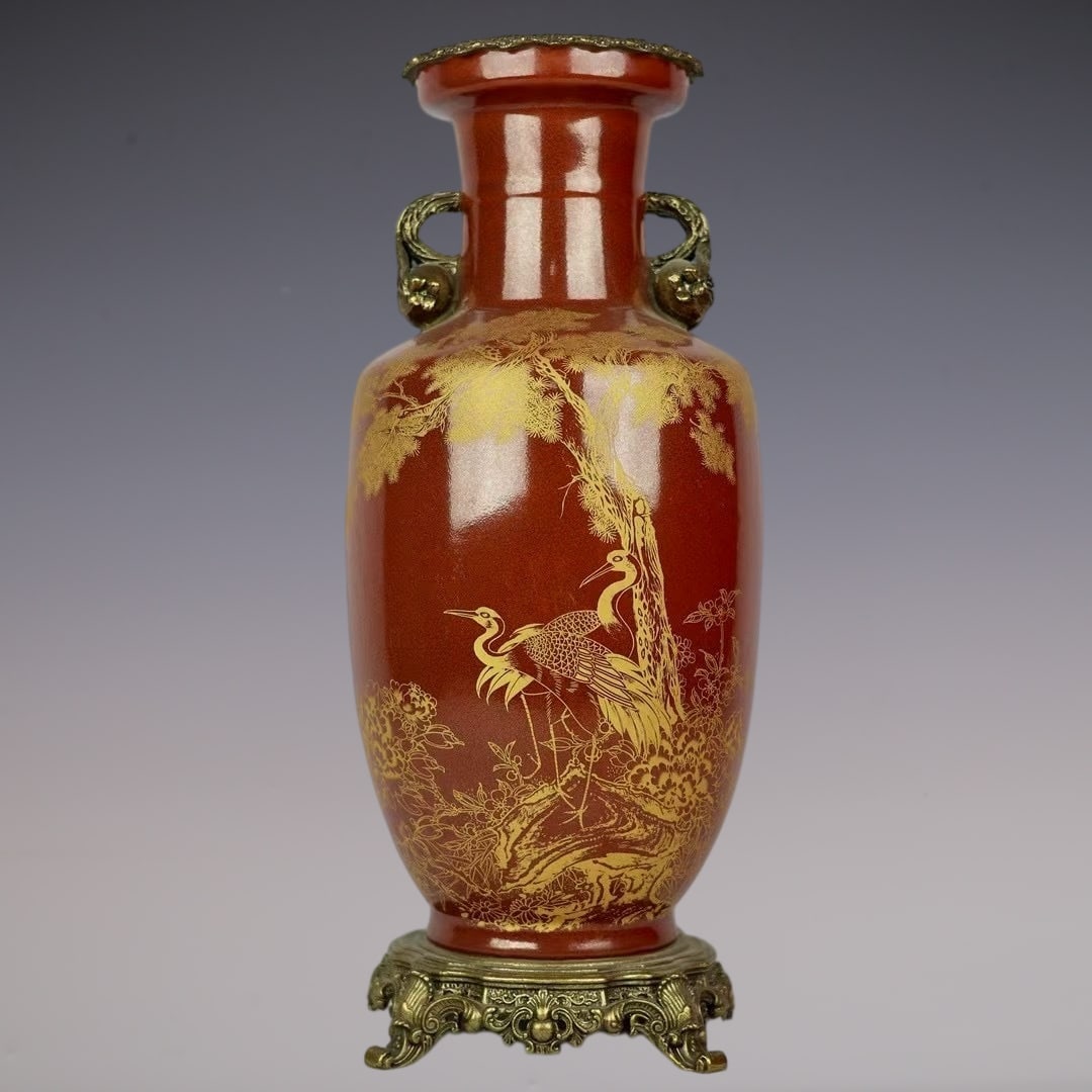 A Huge Iron-Red Painted Gold Inlaid Bronze Pine and Crane Pattern Pomegranate-Ears Vase: A Huge Iron-Red Painted Gold Inlaid Bronze Pine and Crane Pattern Pomegranate-Ears Vase,Qing Dynasty,China,Kangxi Six-character Mark,Size:17.5inx7.1inx7.1in矾红釉描金&