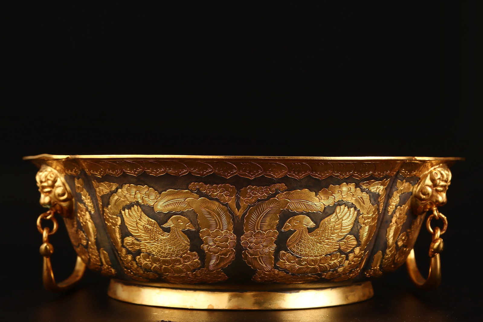An Exquisite Gilt Bronze Flower and Bird Pattern Beast-Ears Basin: An Exquisite Gilt Bronze Flower and Bird Pattern Beast-Ears Basin,Tang Dynasty,China,Zhenguan Four-character