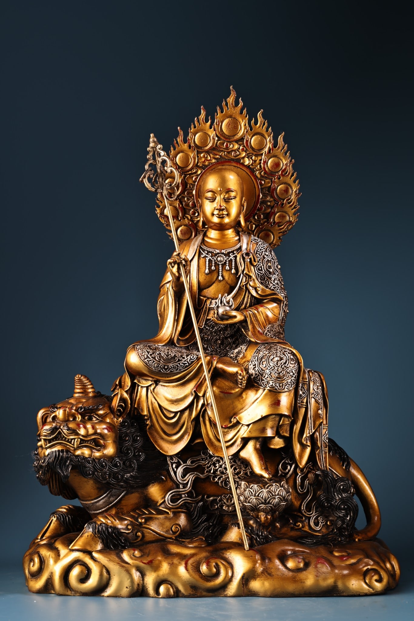 A Solemn Gilt Bronze Inlaid Silver Statue of Kshitigarbha Bodhisattva: A Solemn Gilt Bronze Inlaid Silver Statue of Kshitigarbha Bodhisattva,Qing Dynasty,China,Size:22.8inx14.2in,Weight:12000g铜鎏金嵌银地藏王像，