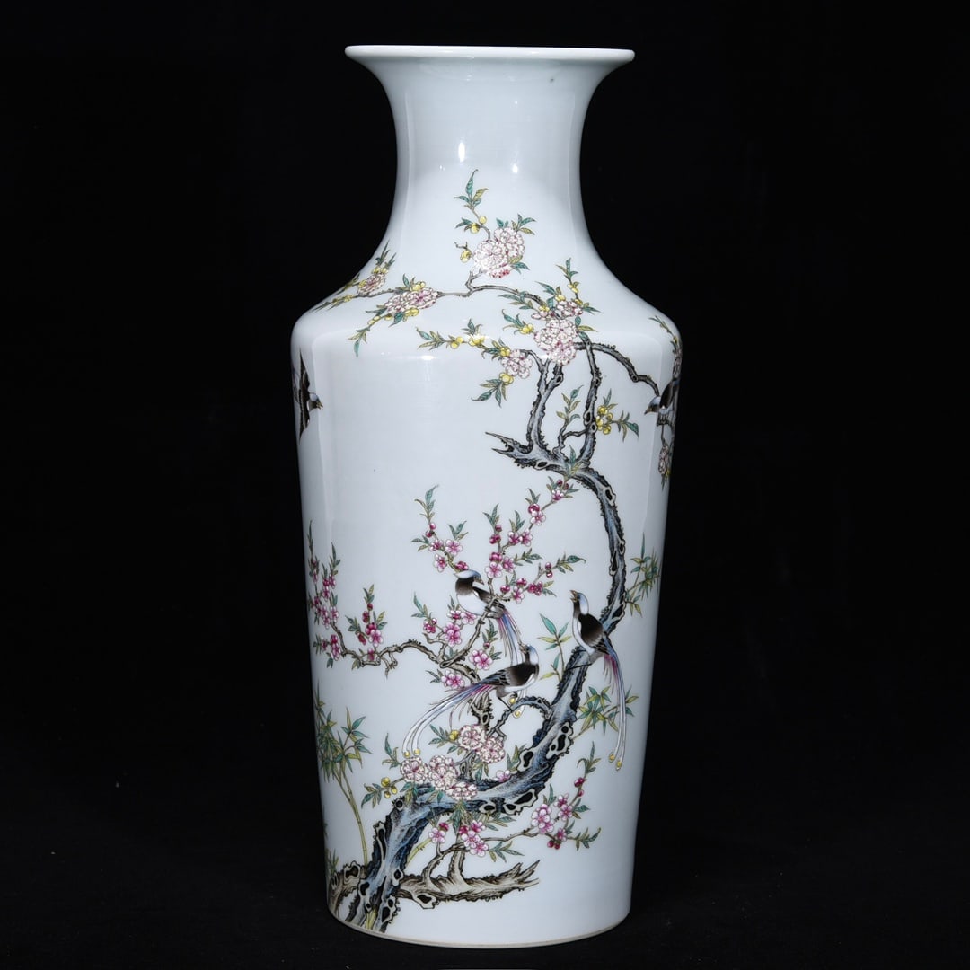 A Rare Famille-Rose Flower and Bird Pattern Vase,With Poem: A Rare Famille-Rose Flower and Bird Pattern Vase,With Poem,Qing Dynasty, China,Yongzheng Six-character