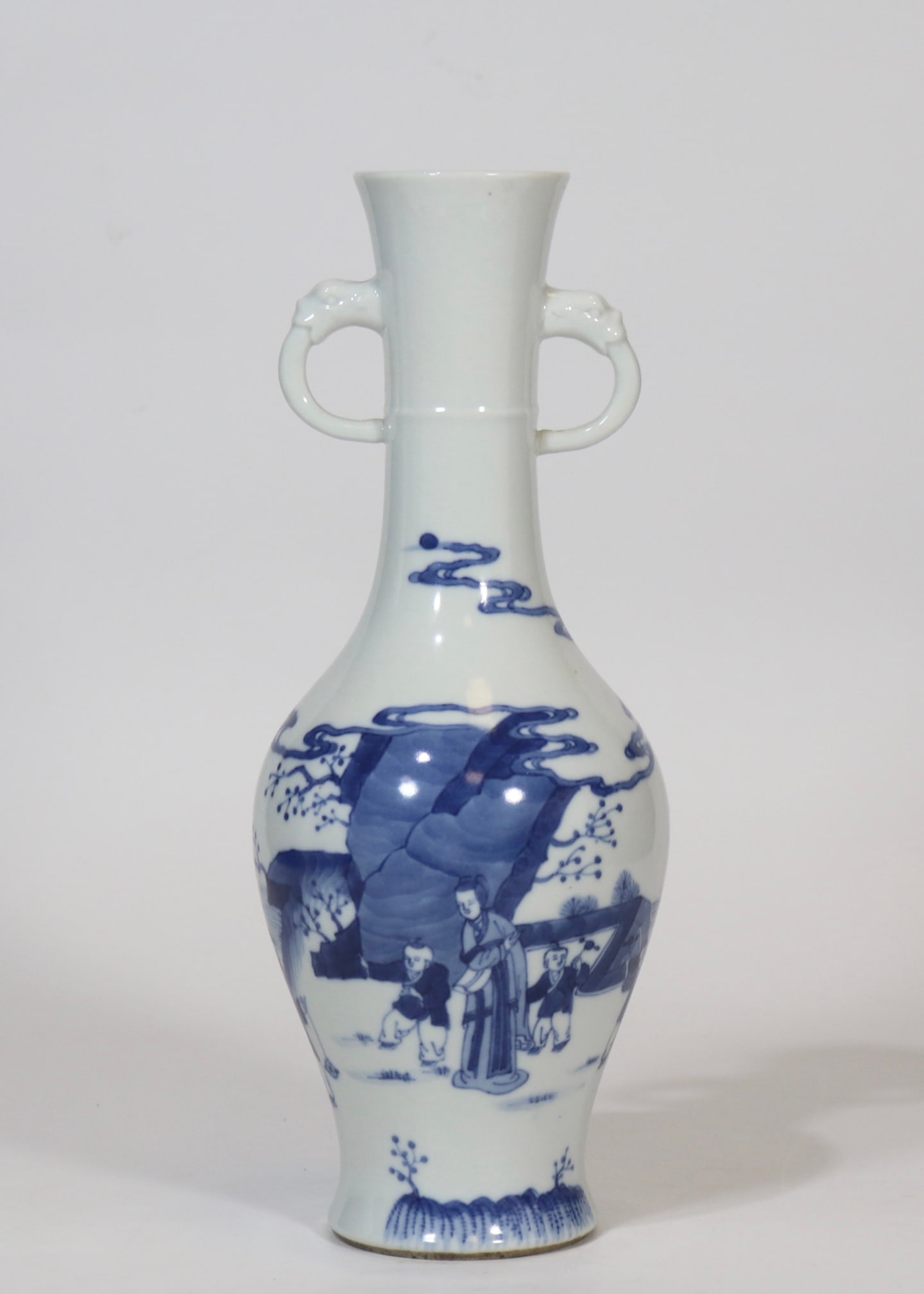 An Exquisite Blue and White Landscape and Figure Pattern Beast-Ears Vase: An Exquisite Blue and White Landscape and Figure Pattern Beast-Ears Vase,Qing Dynasty, China,Kangxi Six-character