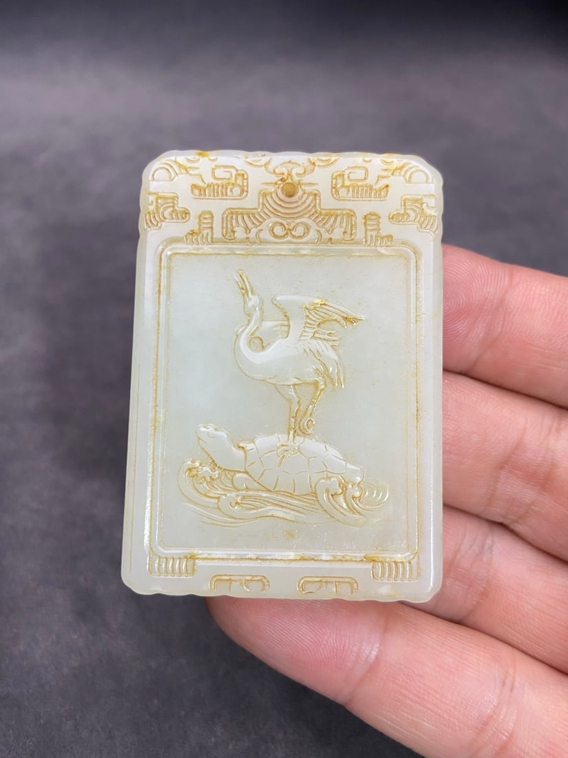 An Exquisite White Jade Turtle Crane Pattern Pendant - 8