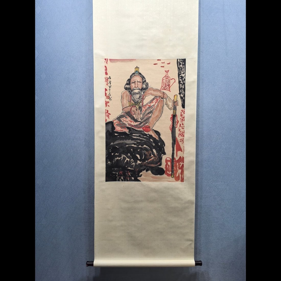 A Chinese Vertical Scroll Ink Painting of Figures on Paper: A Chinese Vertical Scroll Ink Painting of Figures on Paper,Modern Time of China,Shi Lu,without frame size:19.8inx30.7in 一幅中国水墨纸本人物
