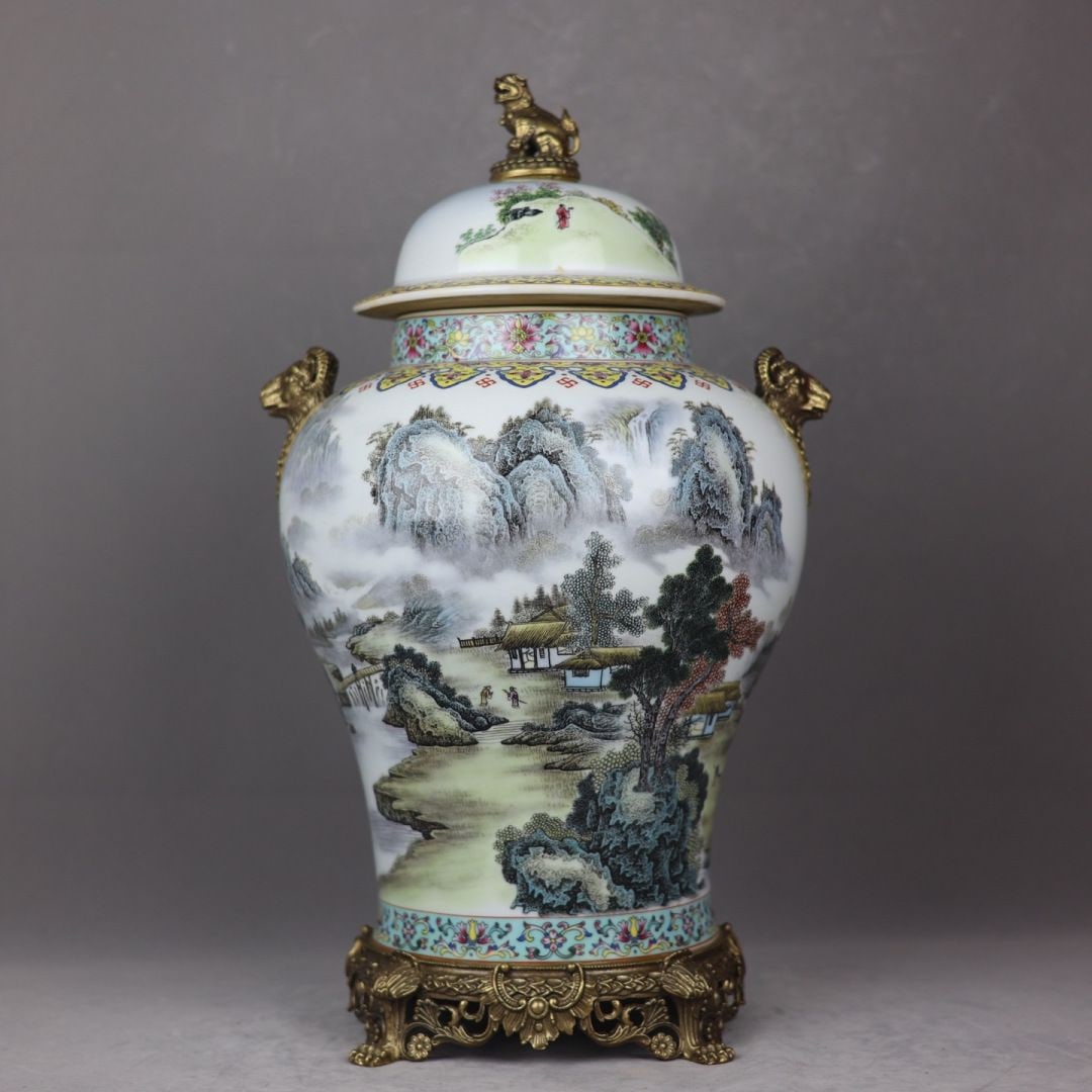 An Exquisite Famille-Rose Landscape Pattern Copper-Inlaid Sheep-Head Jar: An Exquisite Famille-Rose Landscape Pattern Copper-Inlaid Sheep-Head Jar,Qing Dynasty, China,Qianlong Four-character Mark,Size:20.1inx6.1inx11.8inx8.1in 粉彩山水纹镶