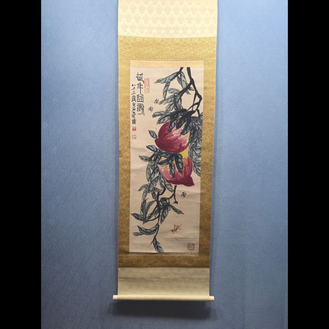 A Chinese Vertical Scroll Ink Painting of Peach on Paper: A Chinese Vertical Scroll Ink Painting of Peach on Paper,Modern Time of China,Qi Baishi,without frame size:27.6inx41.3in 一幅中国水墨纸本桃画