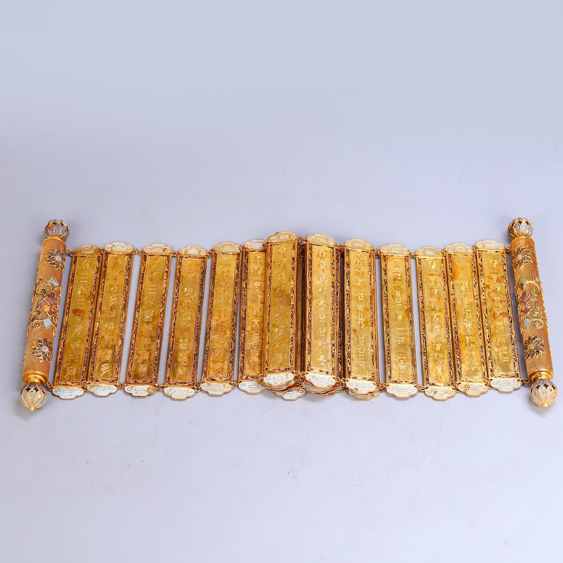 An Exquisite Gilt Copper Filigree Blue Enamel Poem Book: An Exquisite Gilt Copper Filigree Blue Enamel Poem Book,Qing Dynasty,China,Size:7.9inx33.5in,Weight:1390g 铜镀金累丝烧蓝诗文书册,È