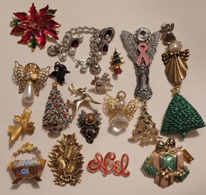 Lot 20 Vintage Christmas, Angels Brooches, Pins, Jewelry
