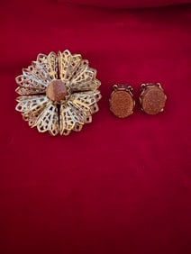 Goldstone Filigree Flower Brooch, matching earrings
