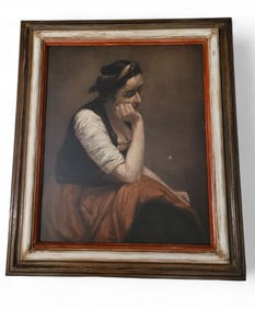 Vintage Framed Art Print "Pensive Girl" Reproduction- Artist Carot
