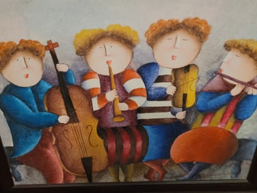 Vintage Painting Canvas J. ROYBAL Signed Children Orchestra