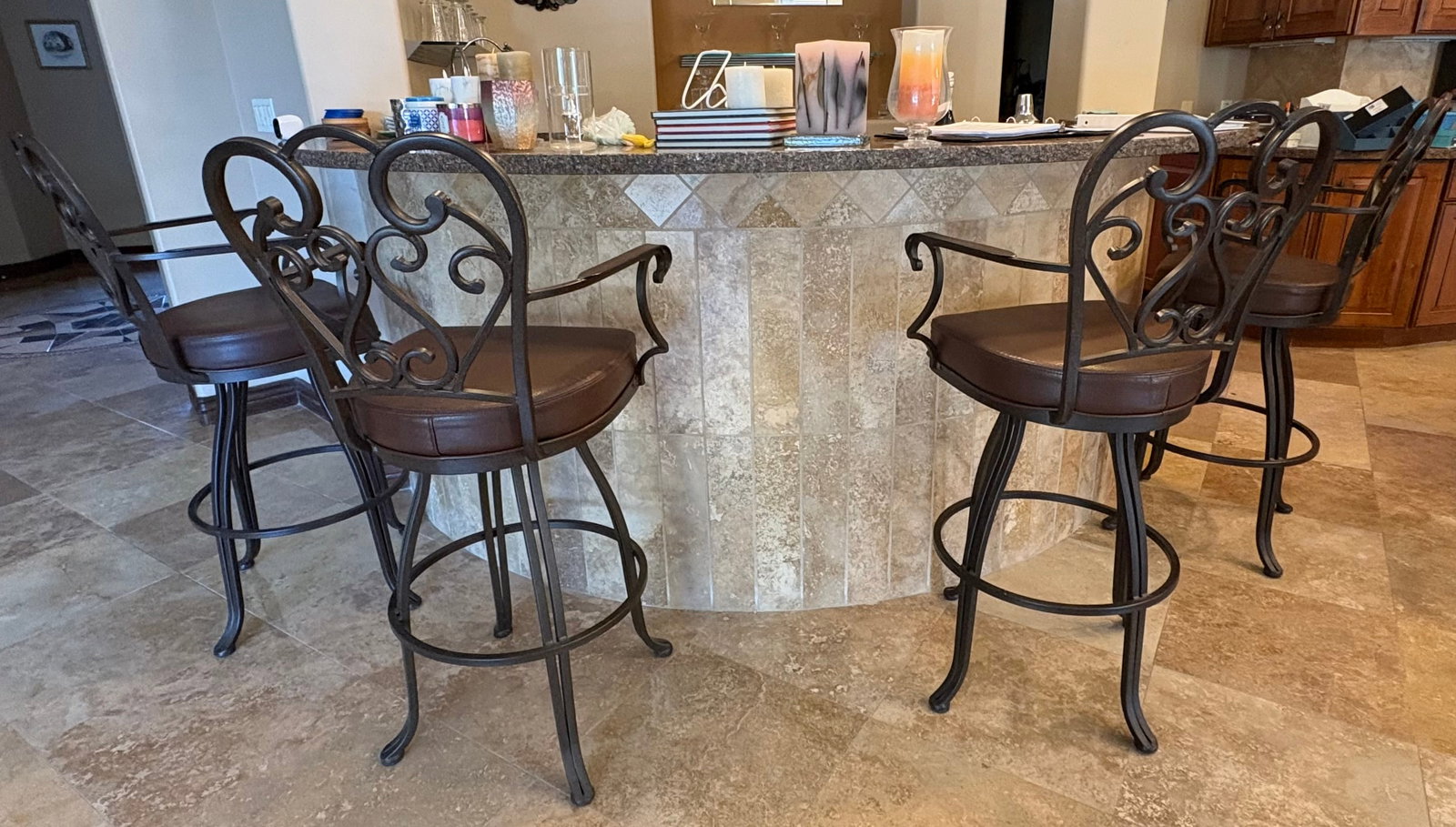Wrought Iron Bar Stools Set of 6 by Trendler Inc. Brand. Lifetime Warranty: Set of 6 Bar Stools Lifetime Warranty by Trendler Inc.**Please see pictures -2 seats have damage**Total Height 45"Height at Seat 30"Wrought Iron Frame