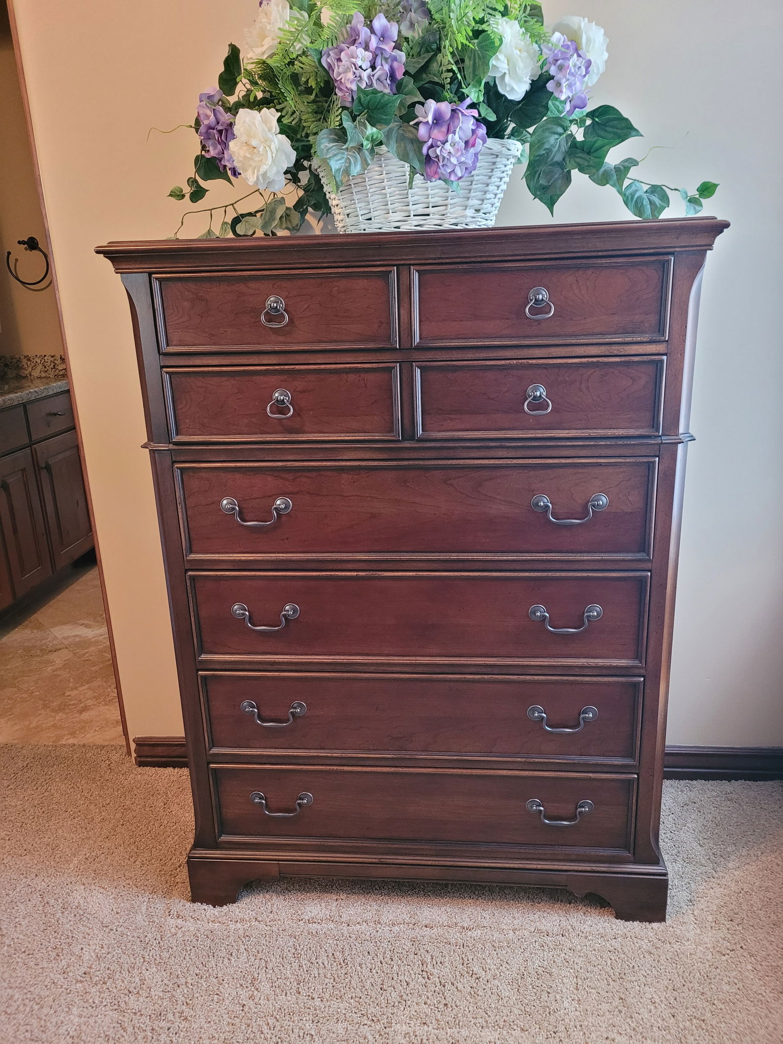 Thomasville Impression Dresser w/Handles and Floral Arrangement: Solid Wood Dresser + Floral Arrangement 53.5" tall, 37" wide, 18.5 deep
