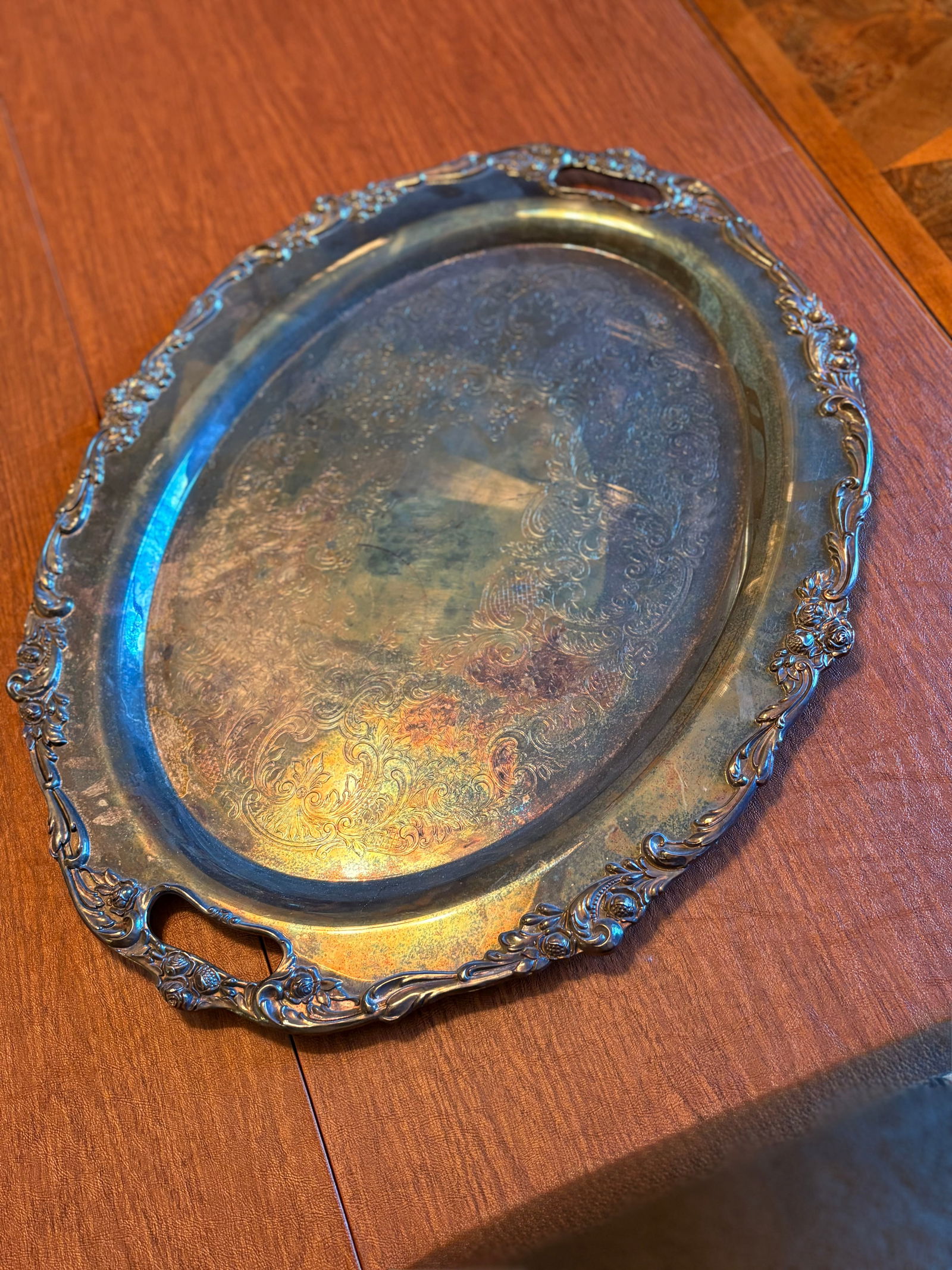 Large Silverplated Platter "Elegance": Measures 27" Long, 21" Across. Branded Elegance Silverplated