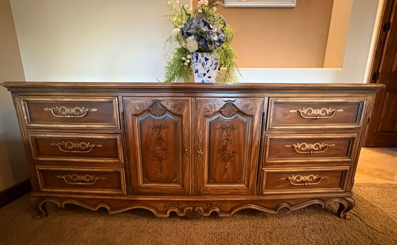 Drexel Heritage Brittany Collection Dresser: Walnut French Provincial Louis XV,31" tall, 79" wide, 21" deep