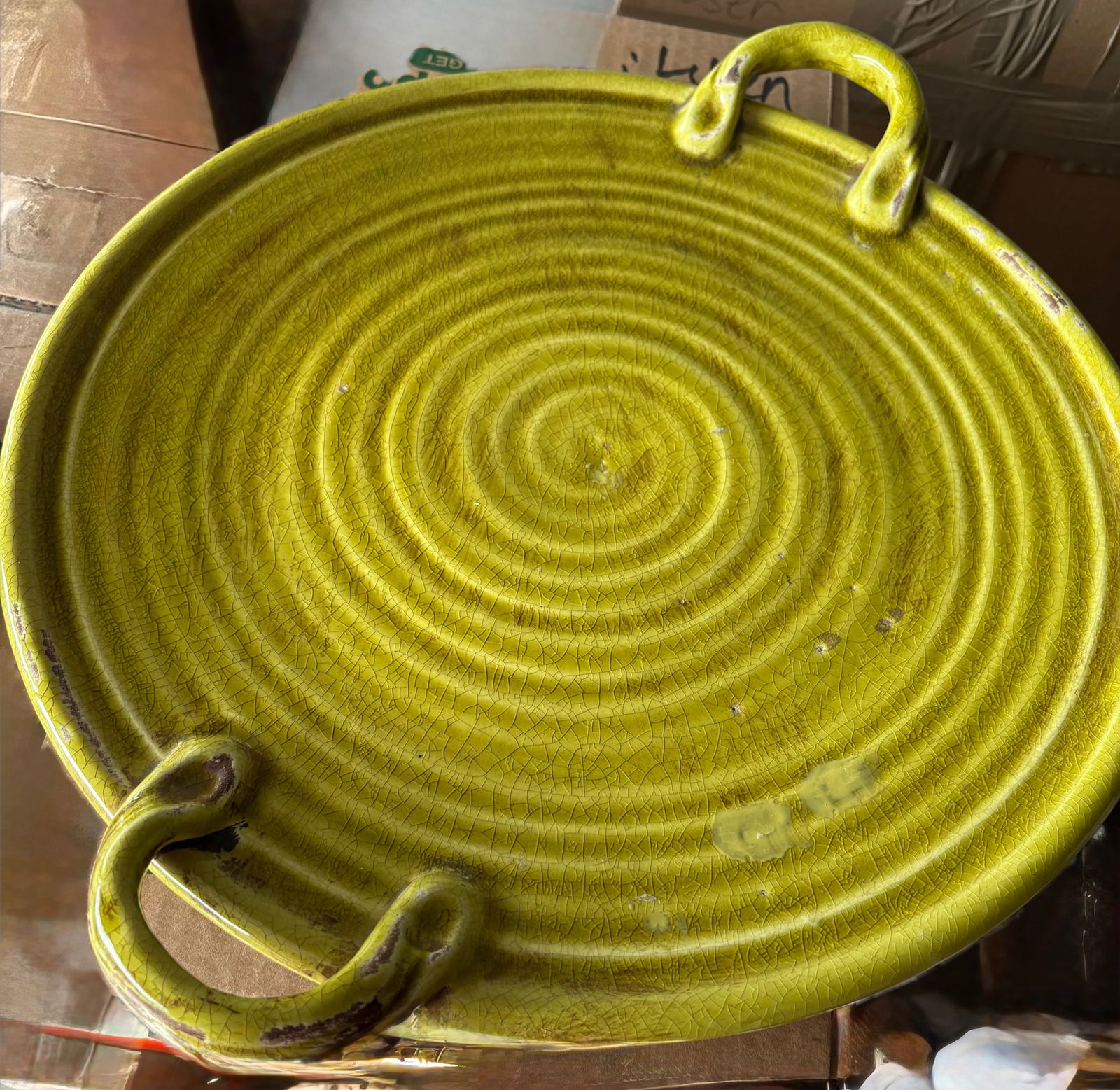Olive Green Platter- Large: Ceramic Platter 18" wide, 2 inches tall. Quite a bit of crazing.