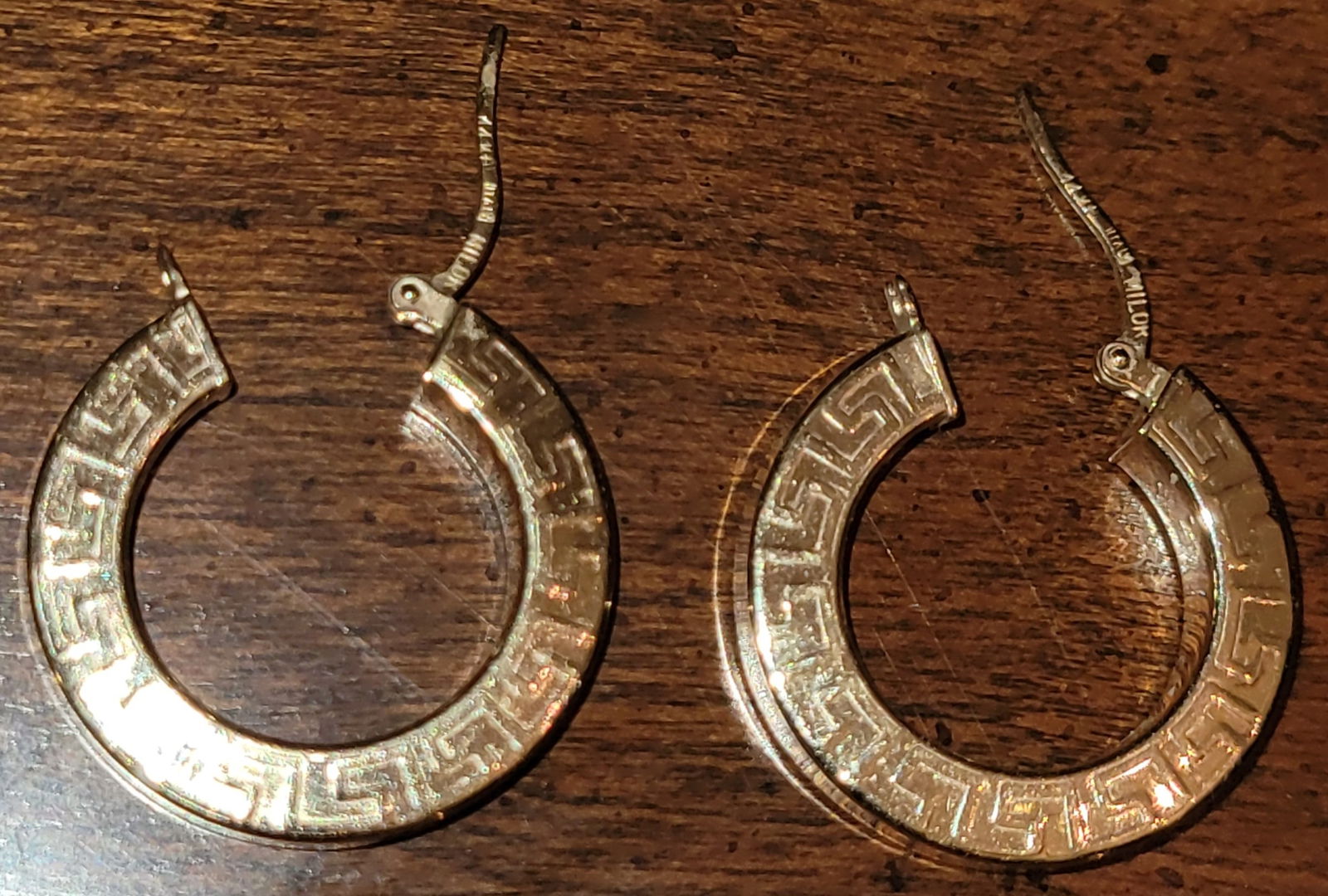 14kt Gold Milor Italy Pair of "Greek Key" Hoop Earrings: Beautiful pair of 14kt Gold "Greek Key" Earrings. Marked 14kt Milor Italy. Weighing 3.08 grams. Measures 2.03 mm in diameter.