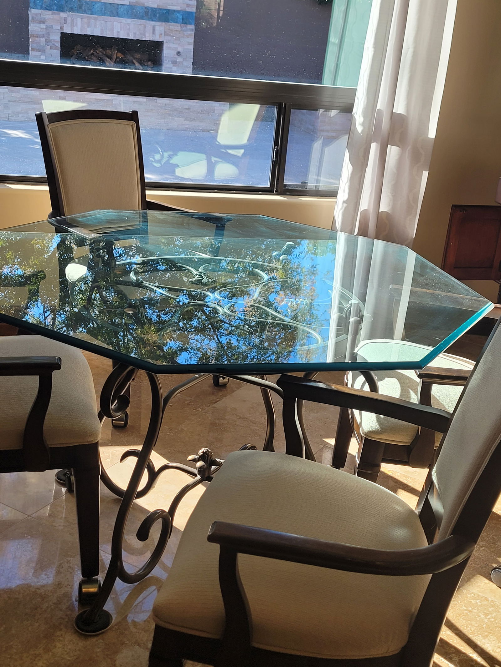 Wrought Iron, Glass Dining Set . Chairs on Wheels (1 of 4)