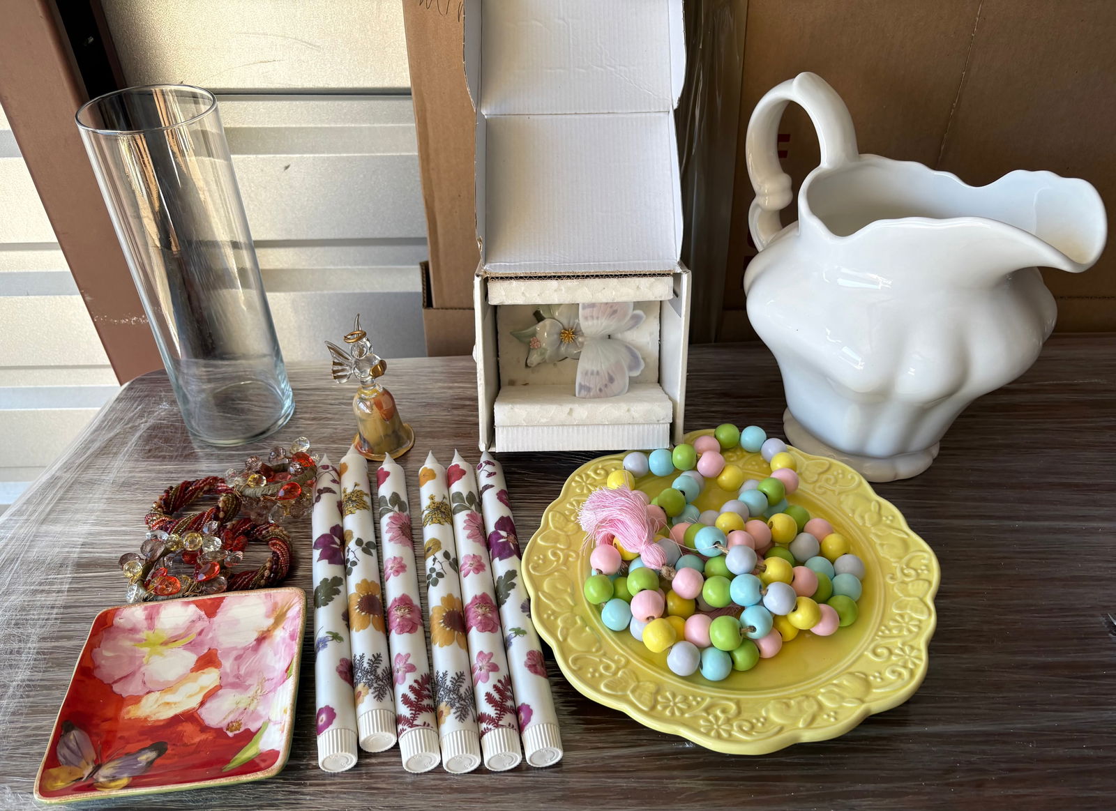 Lot of 17 Decor Items: Lladro Butterfly (with Box), Trinket Dish, White Pitcher, Angel Figurine, Candles, Glass Vase, Easter Plate, Easter Bead Garland, Autumn Napkin Rings