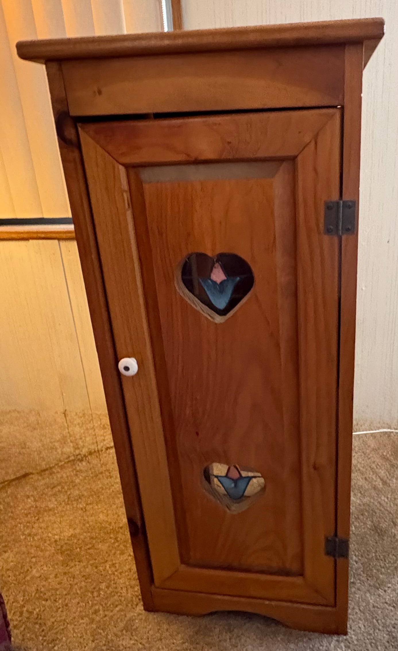 Heart Cut-Out Cabinet with Hidden Ironing Board Stained Glass Accents: Wooden Cabinet 34 inches tall, 15 inches wide, 11 inches deep.*Please note this item is for PICK UP ONLY in Tempe Arizona *