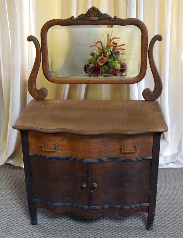Oak Commode & Beveled Swing Mirror: 33.5" wide x 20.25" deep x 52.5" total height.