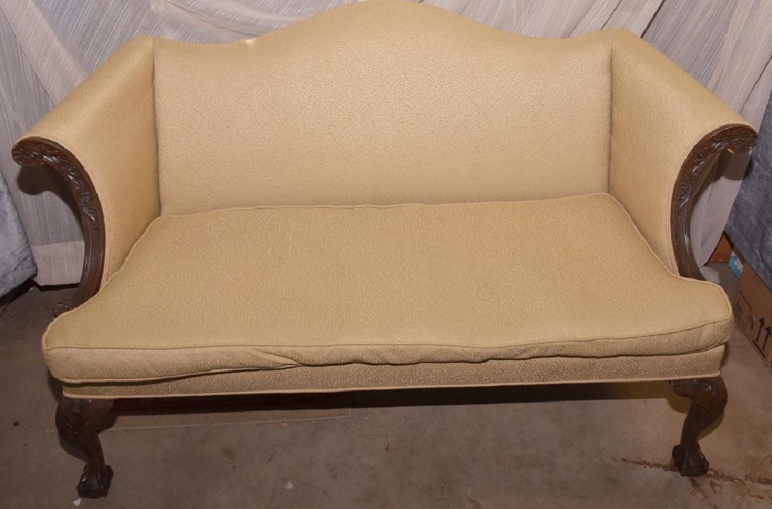 Vintage Carved One Cushion Settee: Ball & claw feet, 61" wide x 36" center back height.