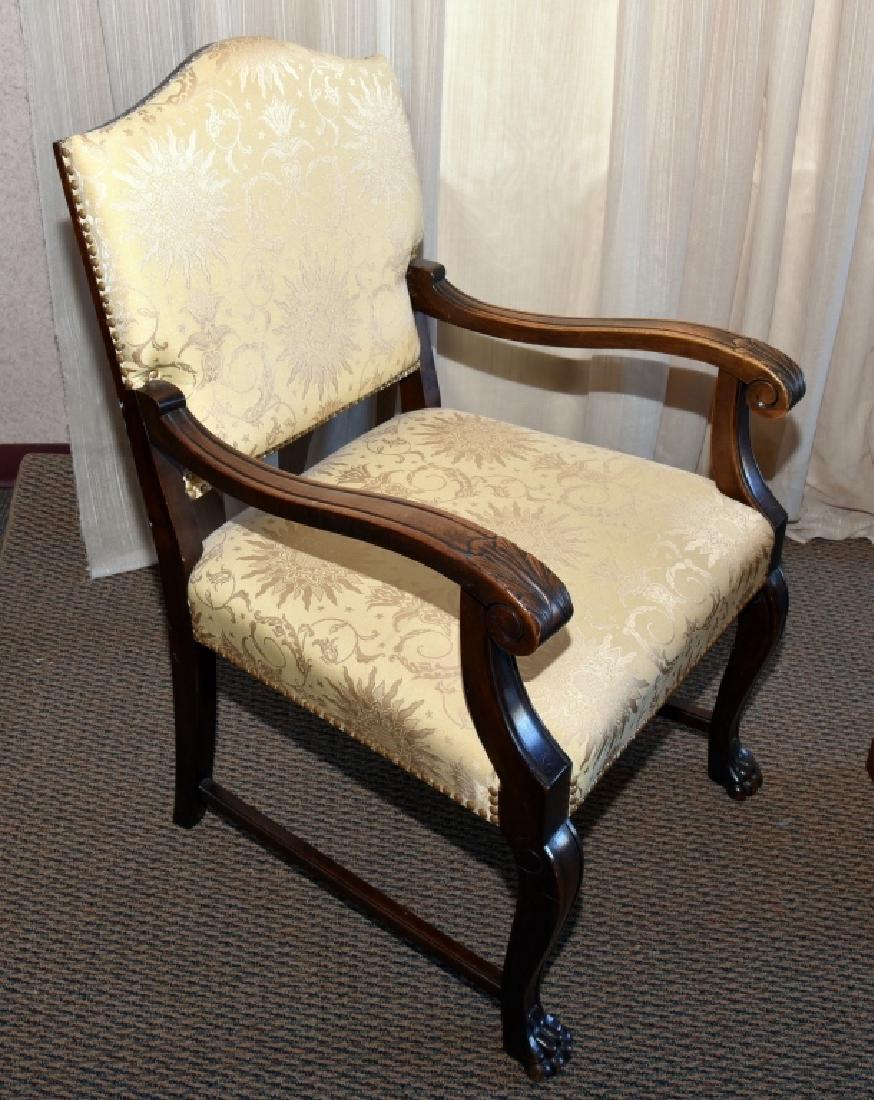 Vintage Carved Open Arm Chair w/Paw Feet: Damask upholstery w/nail head trim, approximately 39.5" center back height.