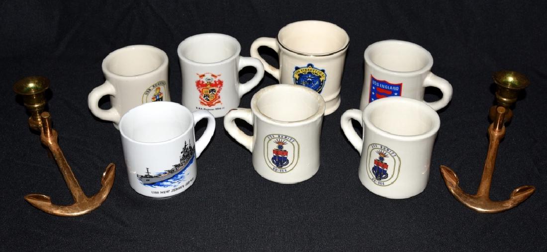 7 USS Mugs & Brass Anchor Candleholders: Mugs: USS New Jersey, 2 USS Hewitt, USS Reasoner, USS Sterett (crackled), USS England and USS Buchanan together w/pair of 6.5" long candleholders w/removable cups.