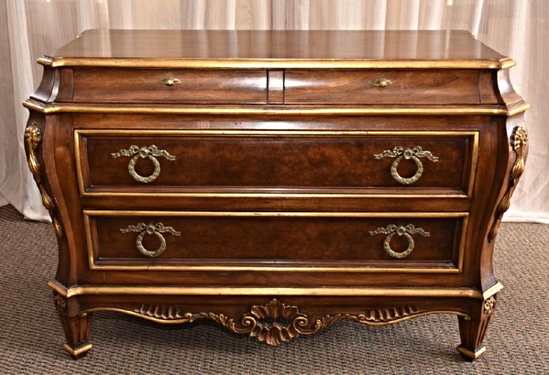 French Style Gold Embellished Commode: Large Wreath Hardware, 2 short drawers over 2 long drawers, 49" wide x 21" deep x 32.5" high.