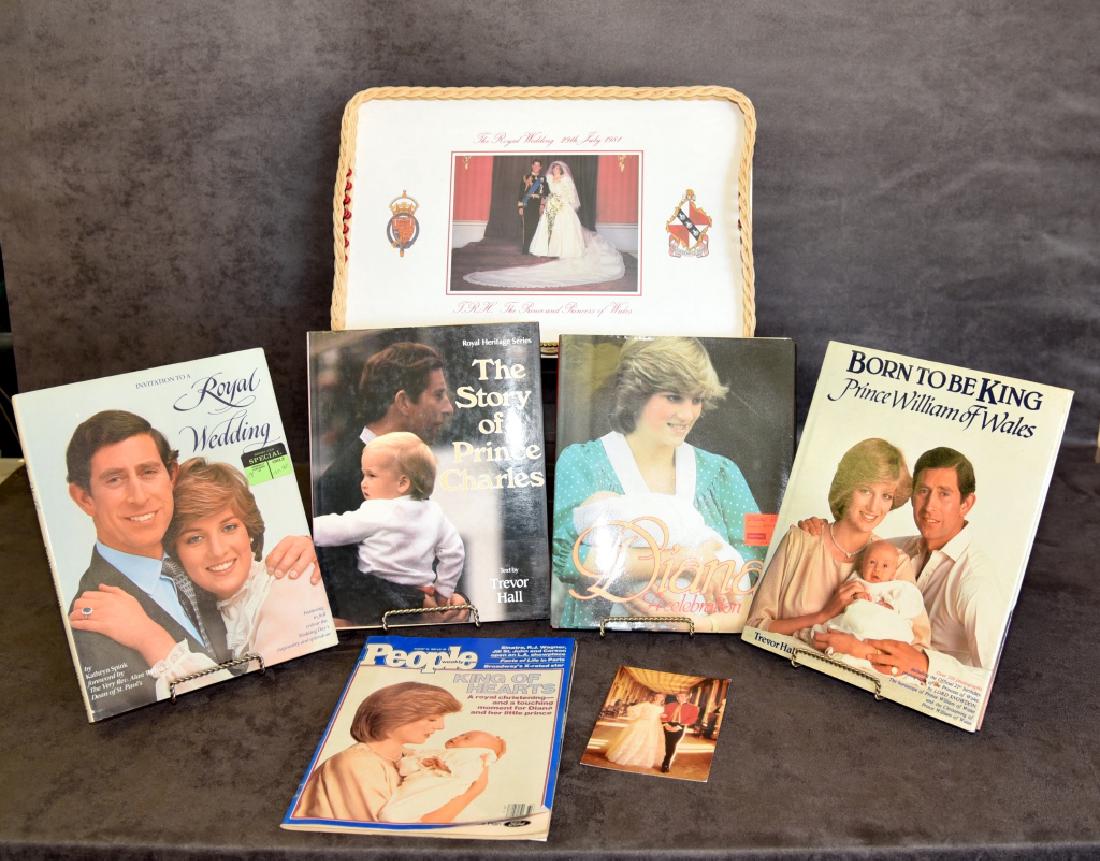 Diana Princess of Wales Memorabilia: Tray commemorating her marriage, books: Kathryn Spink Invitation to a Royal Wedding, Trevor Hall's The Story of Prince Charles & Born to be King (Prince William), Diana a Celebration w/1982 People Mag