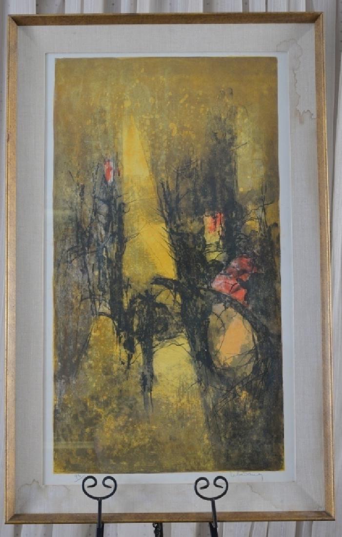 Limited Edition Floral Abstract by Lebadang: Signed woodsy limited ediiton (93/120), artist Lebadang b. 1921 Vietnam, studied in France, d. 2015), sight 37.25" high x 21.5" wide, framed under glass 43.5" high X 27.5" wide, some moisture damage t