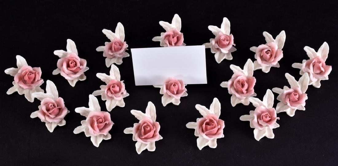 16 Porcelain Rose Place Card Holders: Vintage ENS German porcelain, approximately 1.5" wide x 1.25" tall.