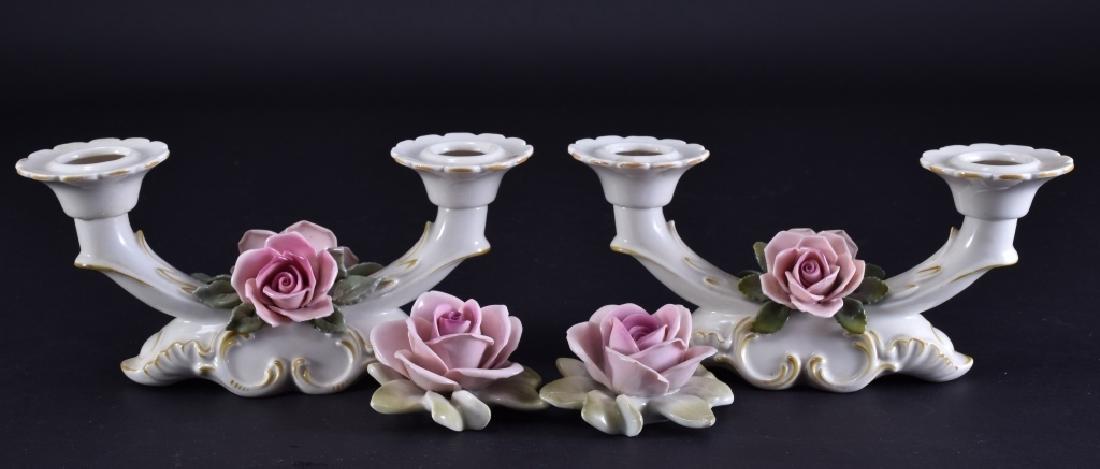 Porcelain Pair 2-Arm Candleholders & 2 Roses (1 of 5)