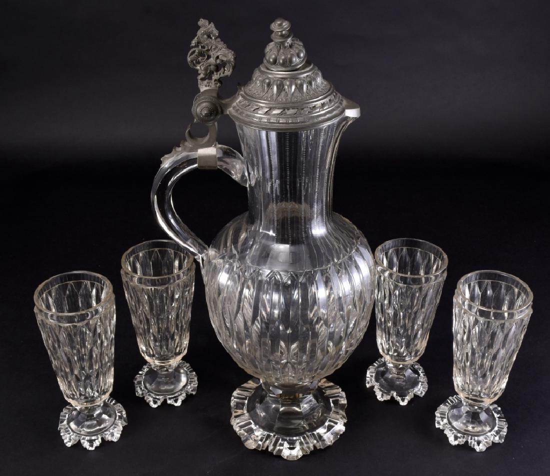 Footed Cut Glass Pitcher w/Pewter Lid & 4 Glasses (1 of 6)