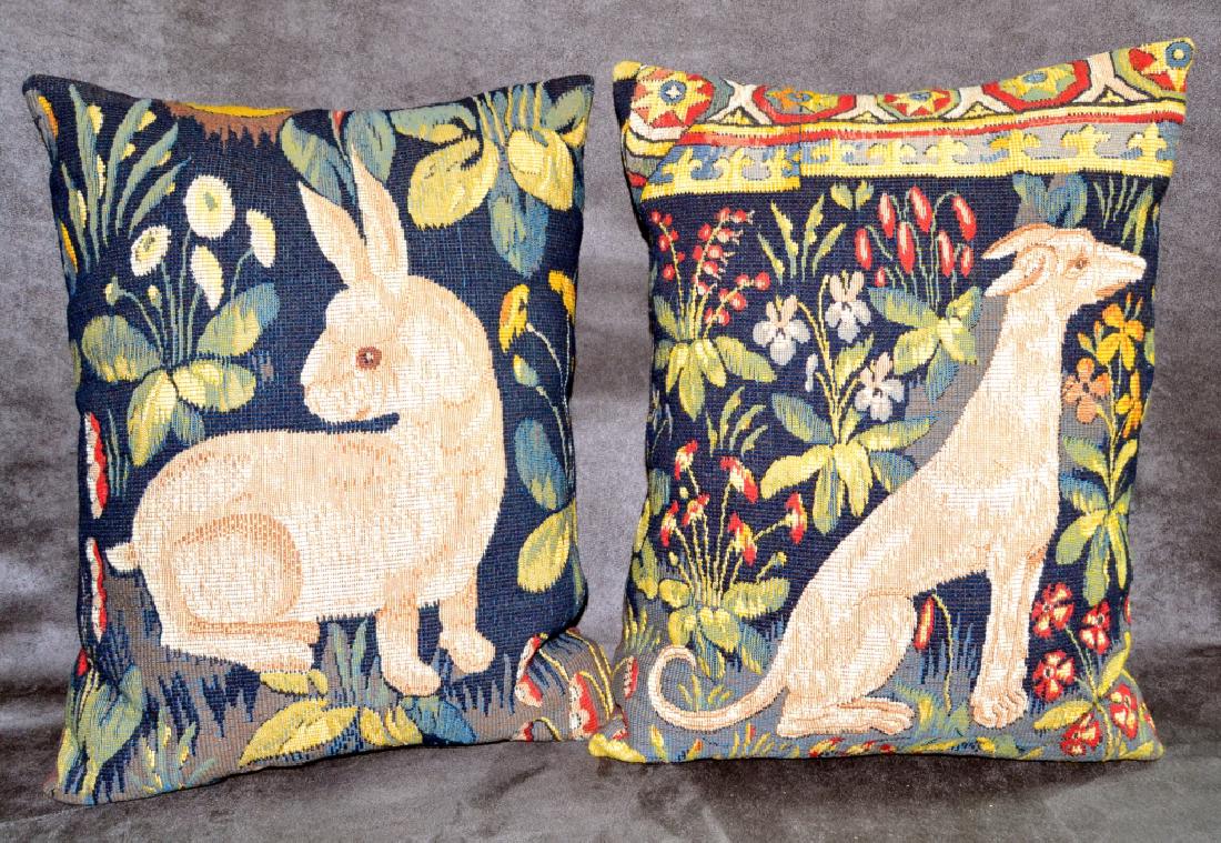 Two Woven Tapestry Pillows of Rabbit & Dog (1 of 1)