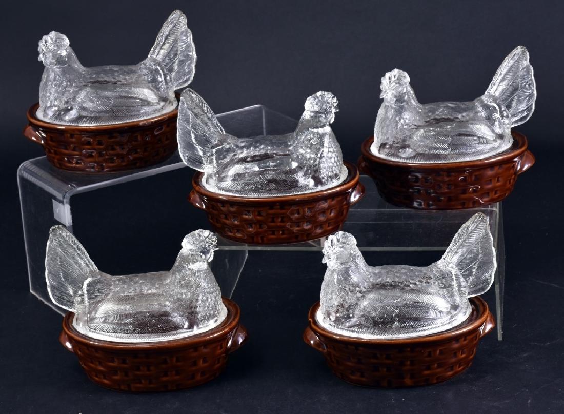 5 Clear Hen Bakers on Brown Bean Pot Baskets (1 of 3)