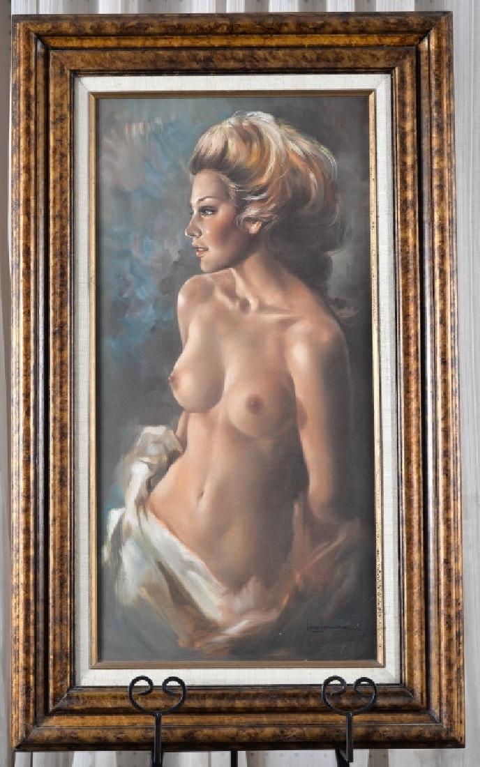 Leo Jansen Original Oil Nude w/Blonde Hair: R53275 w/certificate, sight 29.25" highx 14.25" wide, framed 38.25" high x 23 1/8" wide.