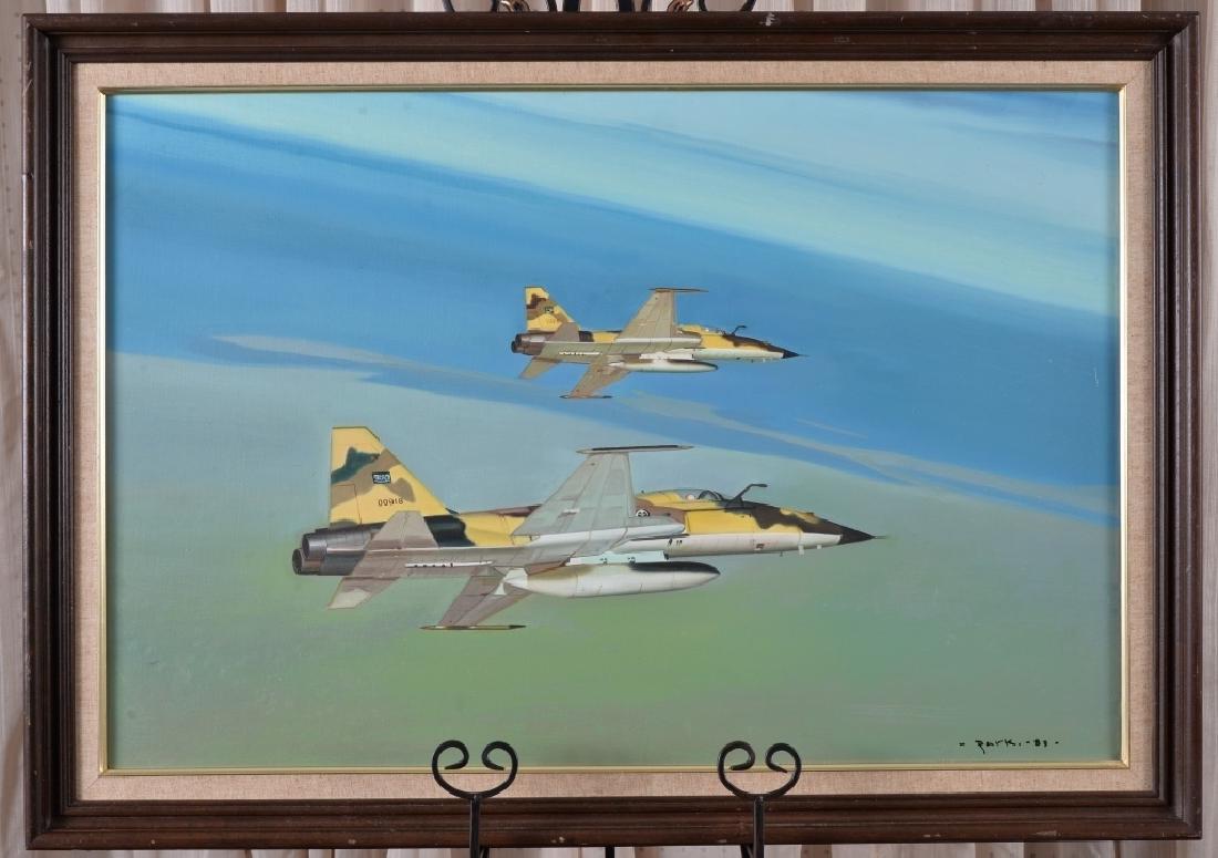 Park Original Oil 2 Saudi F-5 Jets: Saudi Arabia 1983, sight 23.5" high x 35 3/8" wide, framed 29" high x 41" wide.