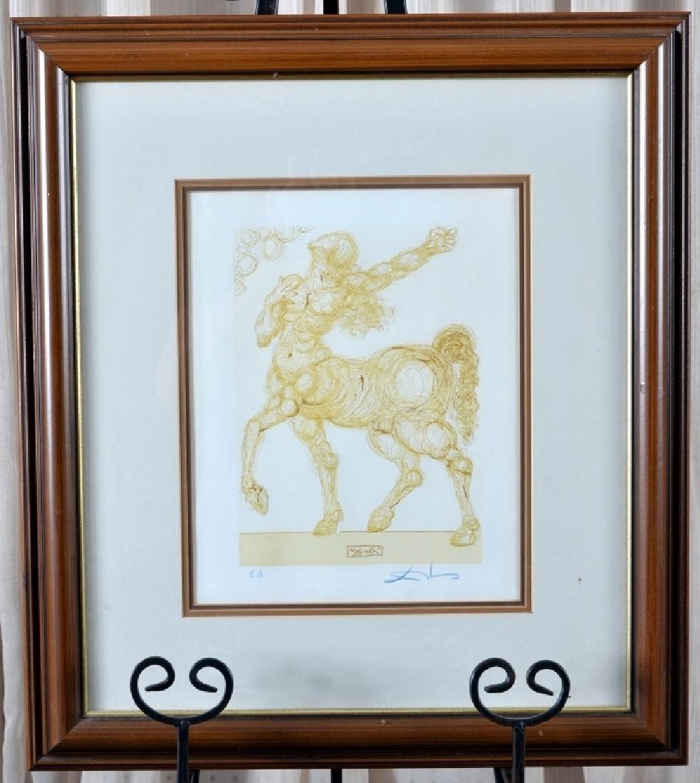 Dali Hell Canto 26 aka Centaur w/Certificate: Wood engraving believed from 1 of the 70 sets Alex Rosenberg purchased from Jean Estrade, the man Dali worked with for this series, signed by Dali in black pencil, EA, sight 12" high x 9.5" wide, fram