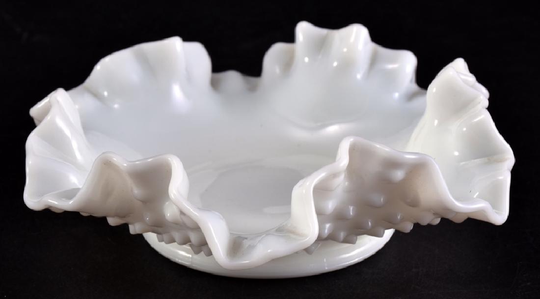 Fenton Milkglass Hobnail Dish: Double crimped edge, ring base, 5.75" diameter.